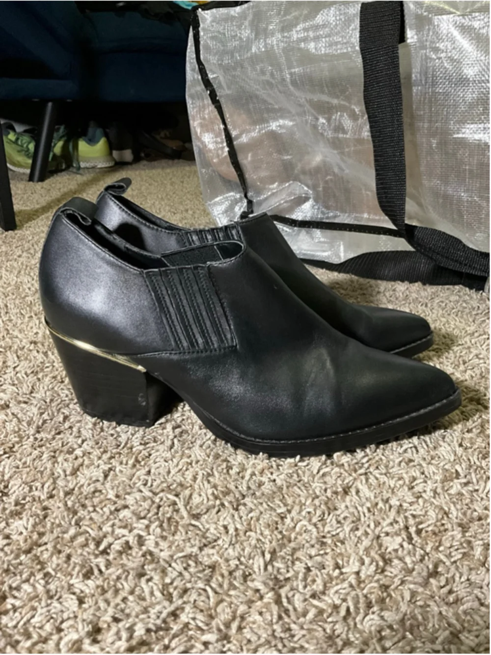 Bleeker & Bond Black Leather Boooties with Ruching and Gold Accent